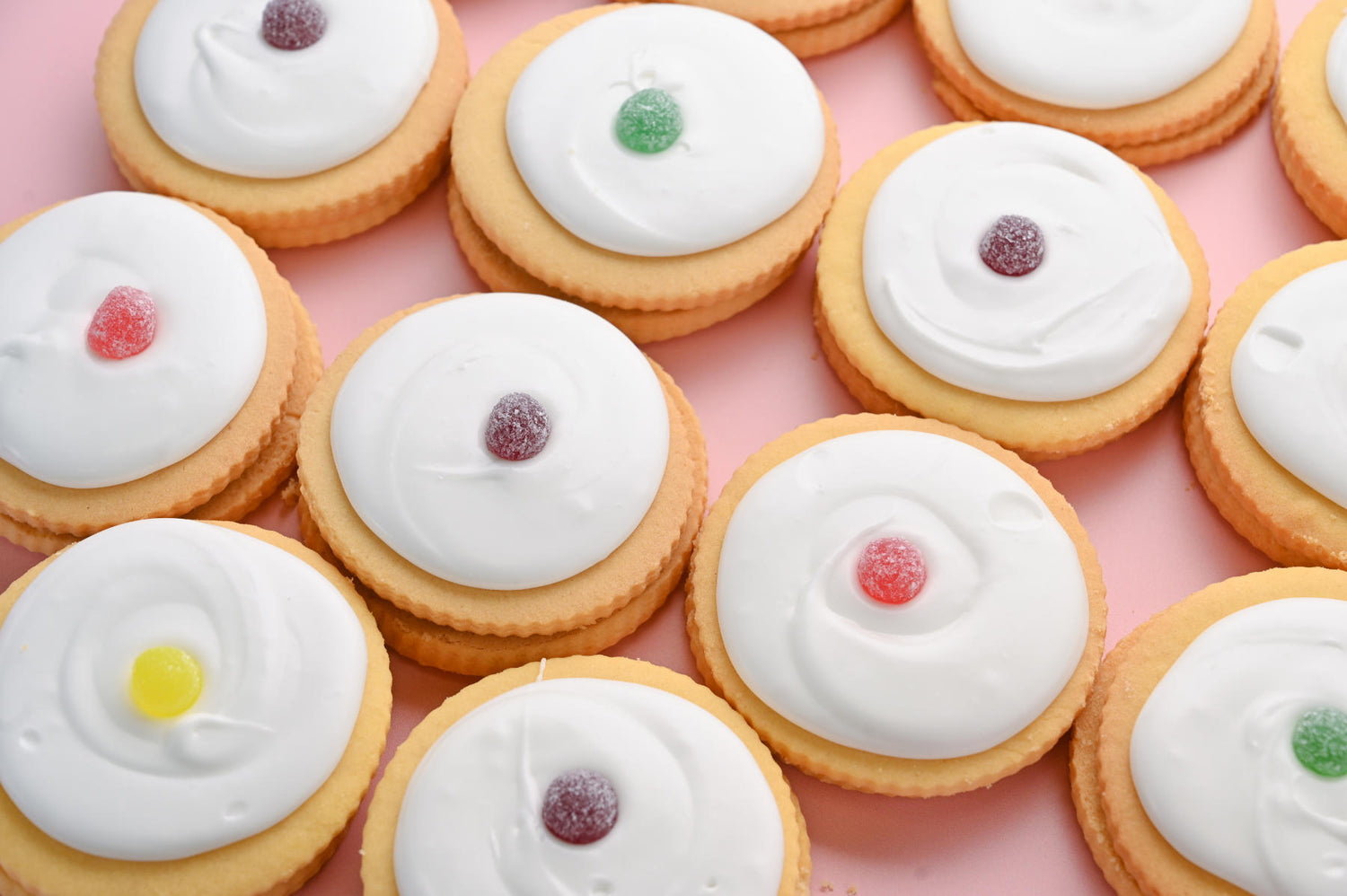 Close up photo of many, many empire biscuits